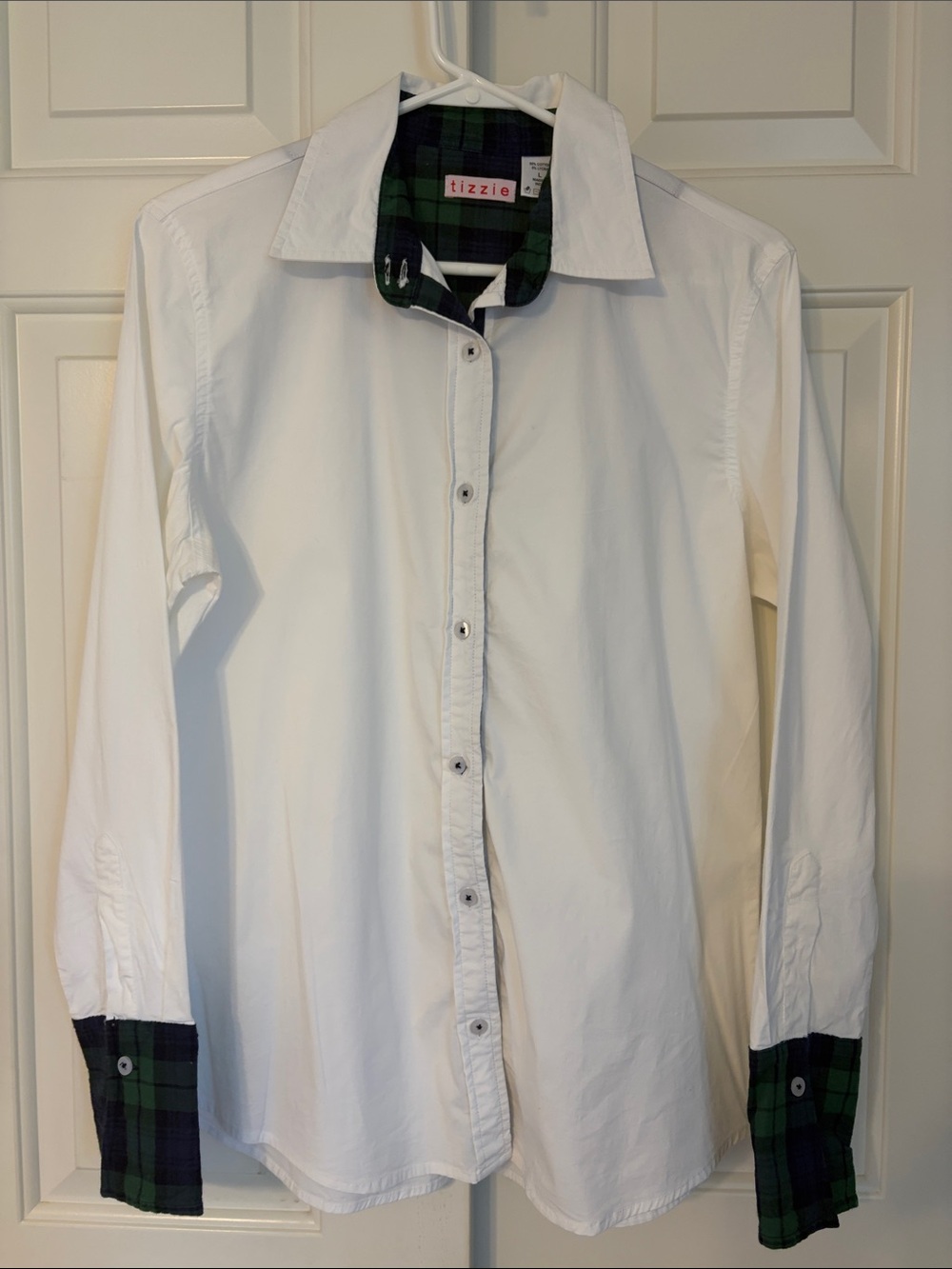 Tizzie Women's White Button-Up Blouse with Green Plaid Trim